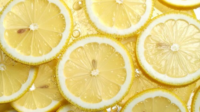 Close-up of vibrant lemon slices with sparkling water bubbles