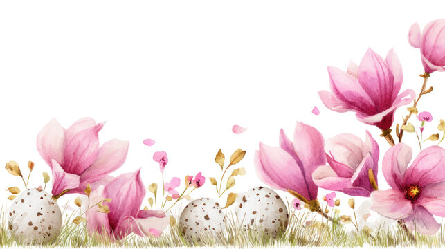 Easter-themed illustration featuring pink flowers and decorative eggs on a white background with ample copy space for text