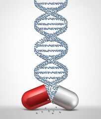 Genetically engineered medication and gene therapy medicine or genetic modified drugs as a pill with a double helix chromosome strand representing pharmacology and biotechnology as a pharmacy product 