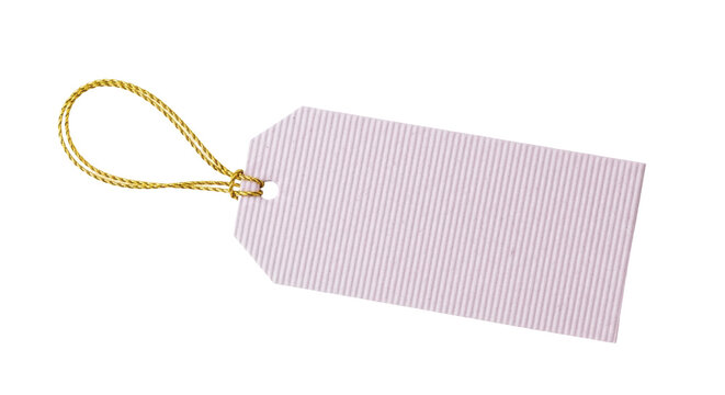 Blank pink corrugated cardboard tag with gold string isolated PNG, price label for retail sales and product marketing on transparent background