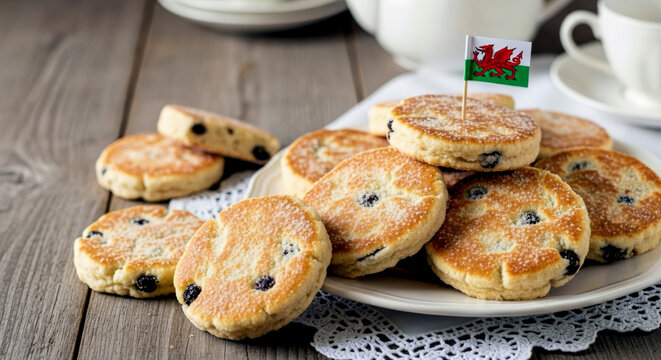 Welsh cakes with raisins and sugar for St David's Day celebration on a wooden background with Wales flag.