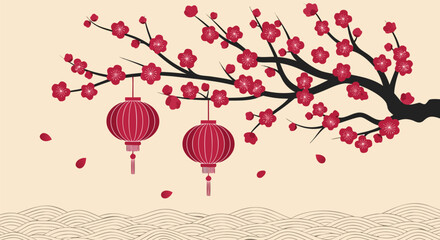 Fototapeta premium Beautiful Spring Blossom Tree with Red Lanterns Vector Illustration for Chinese New Year and Festivals