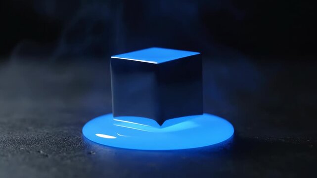Abstract blue cube dissolving into liquid on dark surface with smoke