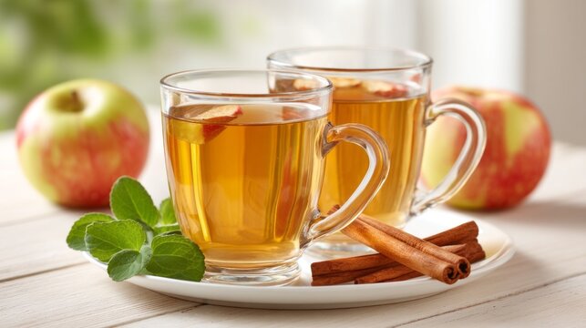 Two clear glasses overflow with fragrant compot, featuring slices of apple and cinnamon sticks, inviting warmth and comfort. This delightful drink brings joy to any gathering