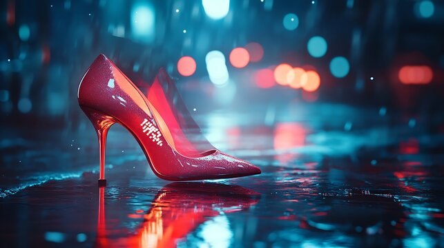 Lost ruby heel on wet avenue with city lights background and reflection