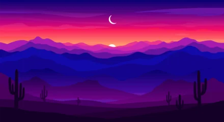 Fotobehang Violet Vibrant desert landscape vector illustration with rolling hills at sunset and crescent moon in the sky  © PDWN Creative