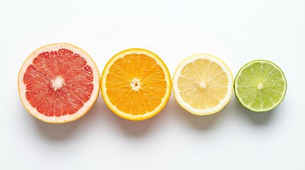 Sliced citrus fruits including grapefruit orange lemon and lime arranged in a row on a white background object on white and png