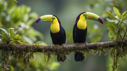 Obraz premium Costa Rican jungle scene with two toucans on a branch