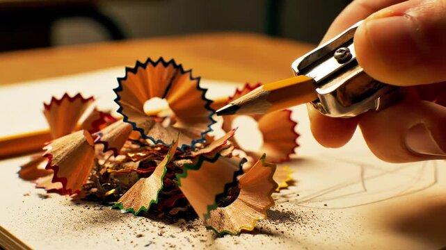 Hand holding a sharpener, sharpening a colored pencil over shavings on a wooden table