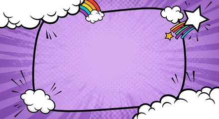 Vibrant Pop Art Comic Book Style Frame Background with Dynamic Clouds, Rainbows, and Starbursts, perfect for creative design concepts and lively announcements