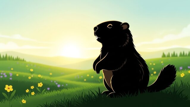 A solitary black groundhog sits upright in a sunlit meadow of flowers, gazing towards the sunrise over rolling hills and distant trees.