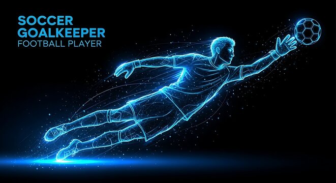 Soccer goalkeeper diving to catch a ball, depicted as a glowing blue digital wireframe figure against a black background with scattered particles.