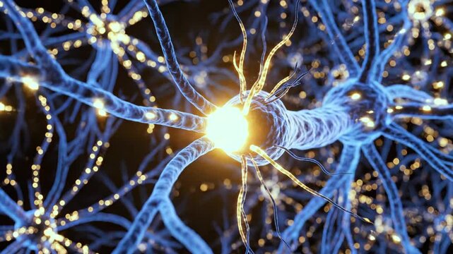 glowing synapse fires electric transmission pulses. Microscopic axon and dendrite exchange neurotransmitters, golden vesicle release, shimmering network, precise microstructure, optimistic