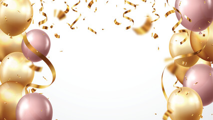 Abstract bright gold confetti, balloons, and ribbon, design for celebrations. beautiful decoration vector illustration