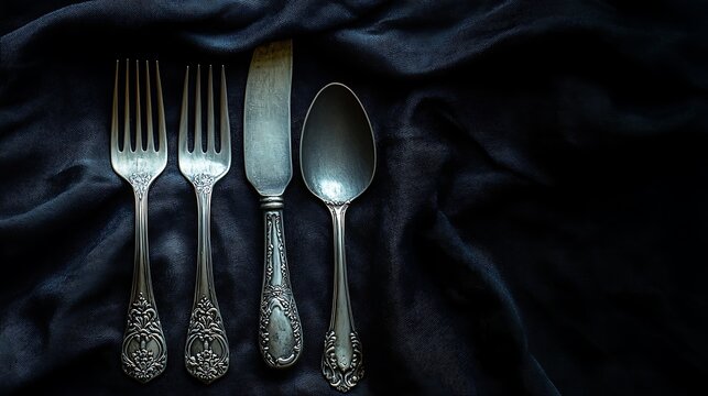 Elegant silverware arrangement on draped dark fabric for a formal dinner setting