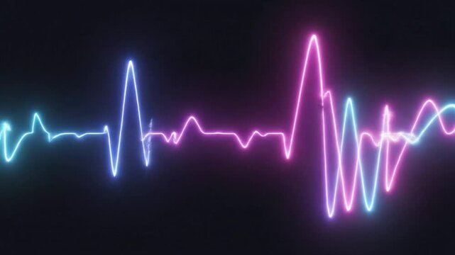 Glowing neon light wave in teal and pink colors, depicting sound on a dark background