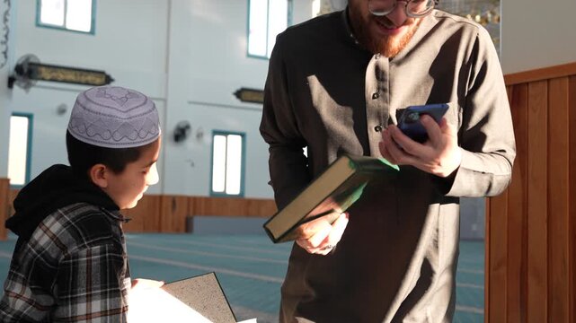 Muslim Sheikh reading Holy Quran to young students in a mosque. Religious education and Quran memorization for Muslim kids. Ramadan spiritual atmosphere at masjid. 