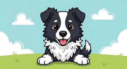 Obraz premium Adorable black and white cartoon dog lying on green grass.