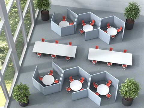 Modern seminar room interior with group workspaces and partitions