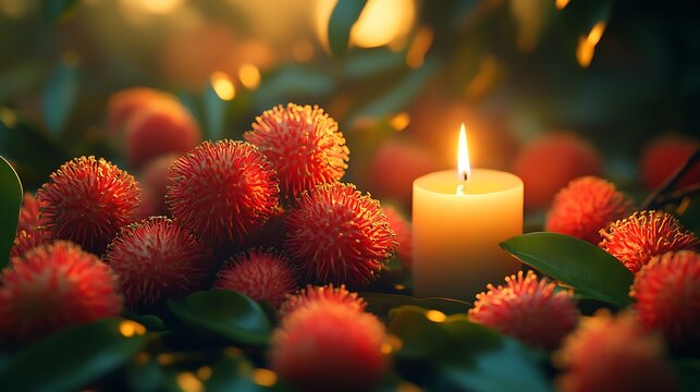 Warm candlelight glowing beside vibrant rambutan fruits creating a serene ambiance