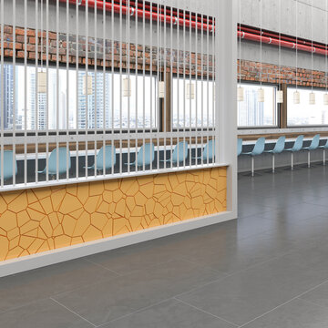 Modern canteen interior with city view and row of bar stools