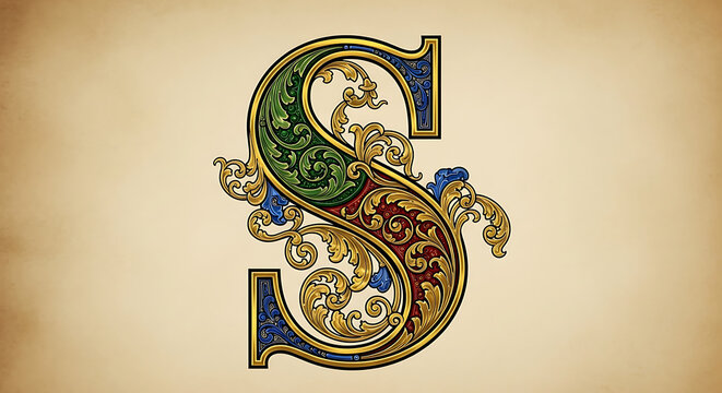 Ornate Vintage Letter S with Floral Decorations and Golden Accents.