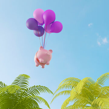 Piggy bank carried by balloons in the sky symbolizing finance and saving