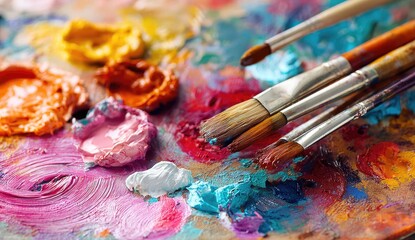 Obraz premium A close-up shot of a wooden palette with paint and brushes, ideal for creative work
