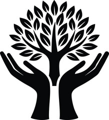 Obraz premium Black silhouette of hands cupping a stylized tree with leaves