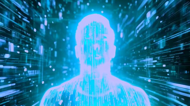 man scanned into glowing avatar during intense digital conversion, facial features replaced by luminous wireframe and particle streaks, rapid data transfer and holographic
