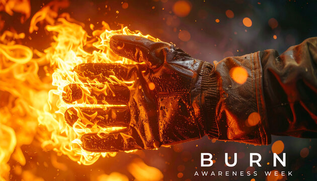 Burn Awareness Week, educating communities on scald hazards and first aid. Firefighter Hand with Flames and Fire Concept.