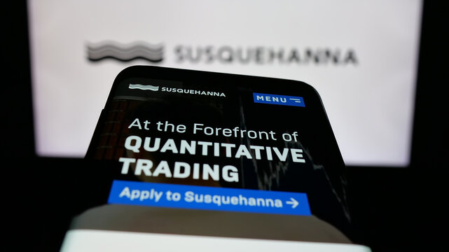 Stuttgart, Germany - 01-30-2026: Mobile phone with website of Susquehanna International Group LLP (SIG) on screen in front of logo. Focus on top-left of phone display.