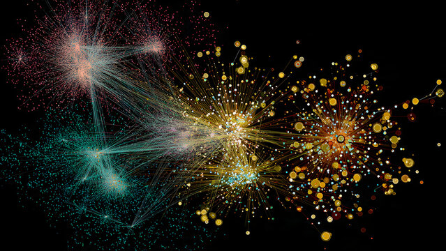 Machine learning algorithm visualization featuring abstract decision trees with branching light paths, data clusters, and predictive pattern recognition elements