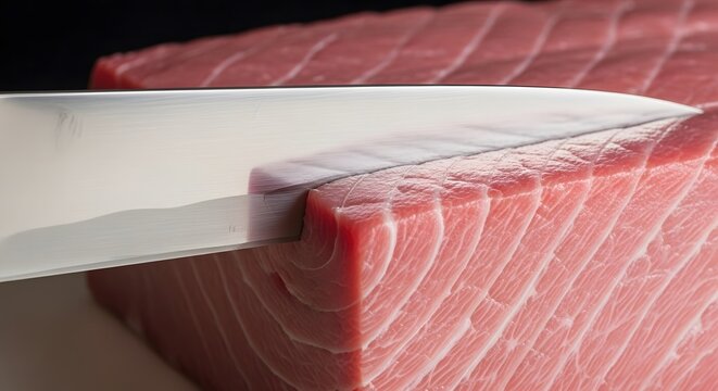 Professional Chef Slicing Fresh Raw Bluefin Tuna Sashimi Grade Macro with Sharp Knife