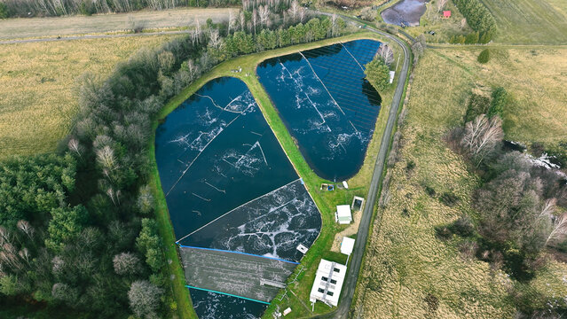 Sewage lagoons surrounded by fields and forest