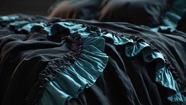 Close-up of black bedding with teal ruffled accents. Dark and dramatic, luxurious fabric