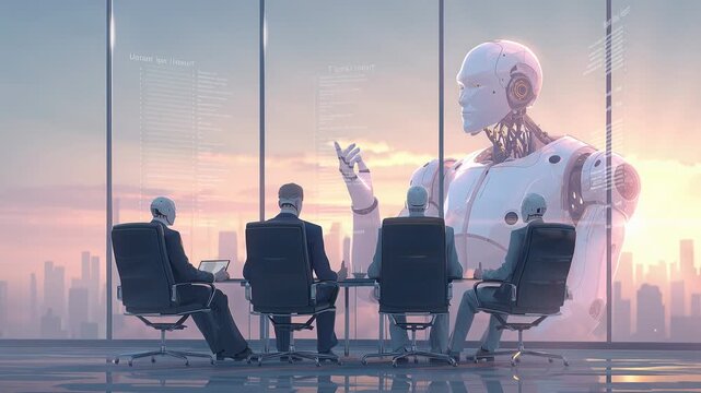 In a high-rise office overlooking the city skyline, a CEO meets with an AI robot for an insightful discussion. The atmosphere is filled with innovation and creativity as they exchange ideas.