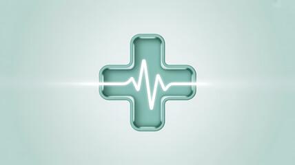 Obraz premium Futuristic digital health cross symbol with glowing heartbeat pulse line representing medical technology innovation advanced healthcare and life science research with a clean