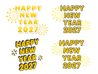 2027年の年賀状素材 ポップなデザインのHappy New Yearと花火のセット