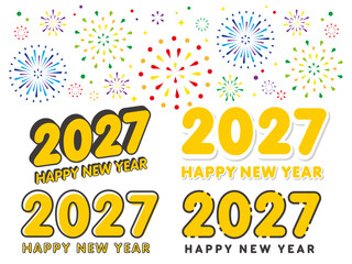 2027年の年賀状素材 ロゴ風の年号とHappy New Year と花火のセット