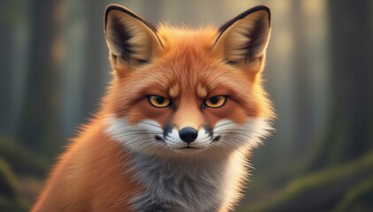 Obraz premium Red Fox's Intrigued Gaze: A captivating portrait of a vibrant red fox, showcasing its intelligent eyes and sleek fur, against a backdrop of a blurred, natural forest.