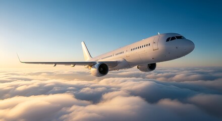 Obraz premium A commercial airplane flying high above the clouds in a clear blue sky