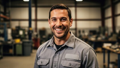 Obraz premium Smiling Mechanic at Work: A confident mechanic, radiates friendliness and expertise, stands in his workshop, showcasing the heart of his profession. 