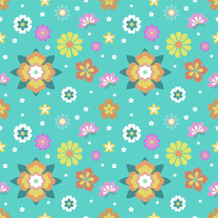 Seamless floral pattern with colorful decorative flowers in a playful flat design style. Bright pastel flowers scattered on a turquoise background, creating a cheerful and lively surface pattern.