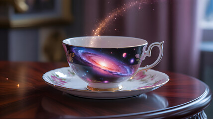 Fototapeta premium Porcelain teacup adorned with a vibrant spiral galaxy design sits on a wooden table emitting sparkling golden fairy dust.