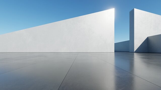 Abstract architecture background, White Concrete Wall  on empty concrete floor, Modern Exterior Entrance, Scene for car presentation, 3D rendering