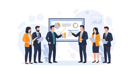 Business meeting presentation with charts and graphs, teamwork, strategy, planning