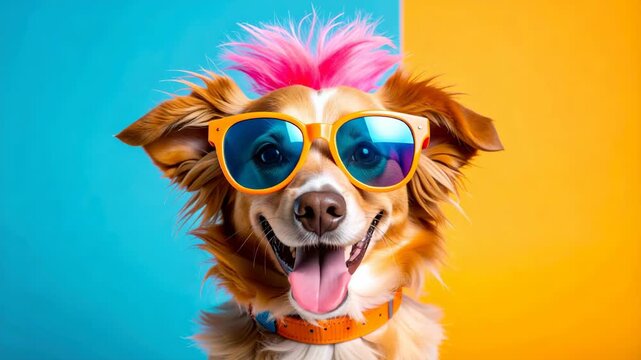 Happy dog with pink mohawk and orange sunglasses on a colorful background