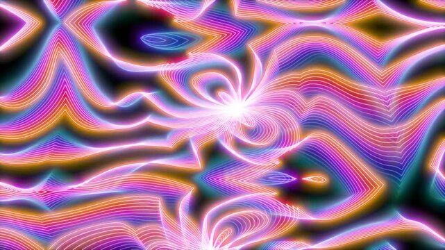 Kaleidoscopic abstract background of colorful neon colorful wave lines. Seamless hypnotic, trippy psychedelic animation a geometric backdrop