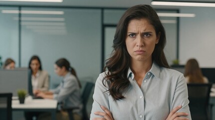 Fototapeta premium Frustrated businesswoman in office expressing discontent with arms crossed and colleagues working in background